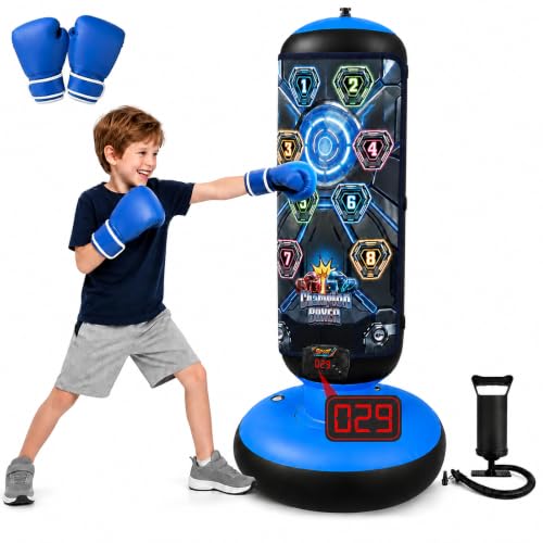 Punching Bag for Kids, Inflatable Boxing Bag with Electronic Scoring, Lights, Music & 4 Training Modes, Boxing Set with Gloves & Air Pump, Birthday Gifts for Boys & Girls 4-12