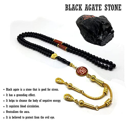 Special Prayer Beads Series -99 beads- Tesbih Tasbih Tasbeeh Misbaha Masbaha Subha Sebha Sibha (Black Shiny Agate Stone and Allah Tassel Design -6 mm Small Beads-) - color: Black Shiny Agate Stone and Allah Tassel Design -6 mm Small Beads-
