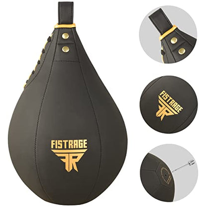FISTRAGE Speed Ball Boxing Leather MMA Muay Thai Training Punching Dodge Striking Bag Kit Hanging Swivel Workout Speedball Kicking Platform (Golden)