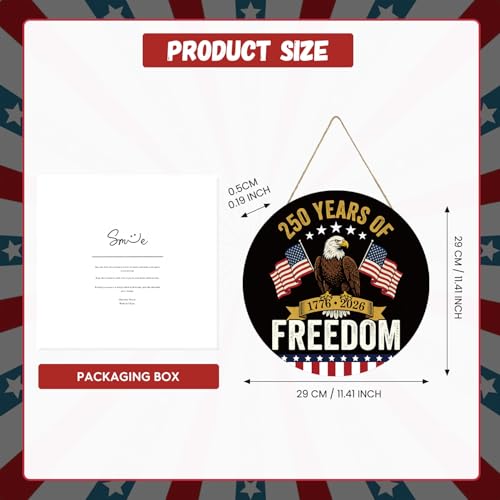 Smile 250 Years of Freedom Wooden Round Door Hanger, 1776-2026 American Bicentennial Front Door Sign for 4th of July & Patriotic Decor - style: 250th Freedom
