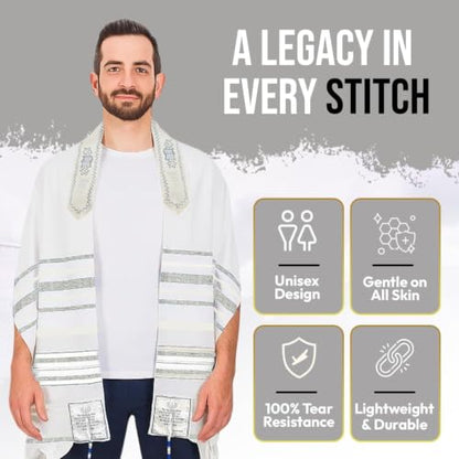 Holy Land Market Messianic Christian Shawl/Tallit - The Messiah Tallit (72 x 22 Inches) - color: All White / Silver