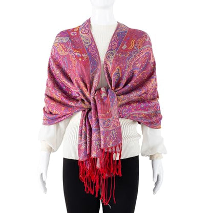 TUSHUSTY Pashmina Feel Shawls Wraps Rave Scarf for Women Soft Silky Reversible Men Scarves Hijab - color: Red Purple Yellow