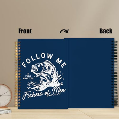 WUCHJ Dark Blue Retro Fish Christian Notebook, Matthew 4:19 Bible Verse Journal, Religious Scripture Spiral Notebook Journal for Note Taking, Christian Faith Based Gifts for Women Men, 5.5x8.3 Inch - color: dark blue fish follow me