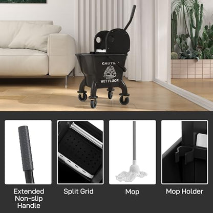HOMCOM Mop Bucket with Wringer on Wheels, 27.5 Quart, with Mop, Black | Down Press Wringer, Handle and Mop, Floor Cleaning - color: Black, size: 27.5 Quart