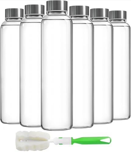 Epica Clear Glass Bottles with Lids 18oz Water Bottles, Steel Cap, 6-Pack