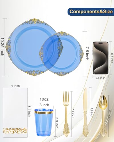 Nervure 175PCS Clear Blue Plastic Plates - Plastic Dinnerware Set Include 25Dinner Plates, 25Dessert Plates, 25Cups, 25Forks, 25Knives, 25Spoons, 25Napkins Perfect for Wedding & Party - color: Transparent Blue, style: 175Pcs(25Guests)