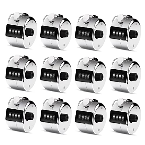 Eliamo 12 Pcs Hand Tally Counter 4-Digit Lap Counter Clicker, Manual Mechanical Handheld Pitch Click Counter with Finger Ring for School Golf & Knitting Row Croche - color: Silver