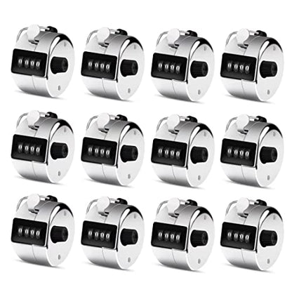 Eliamo 12 Pcs Hand Tally Counter 4-Digit Lap Counter Clicker, Manual Mechanical Handheld Pitch Click Counter with Finger Ring for School Golf & Knitting Row Croche - color: Silver