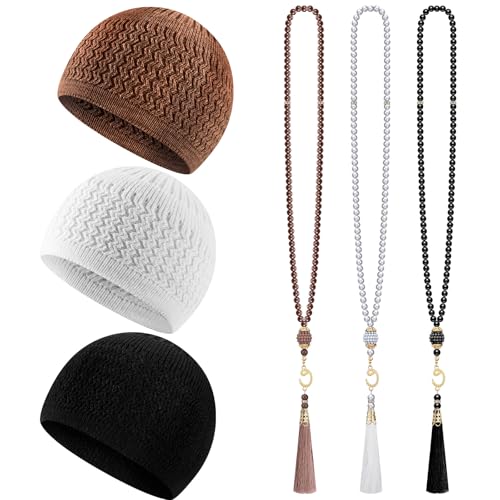 Jiuguva 6 Pcs Kufi Hats for Men Muslim Hat and Prayer Beads Set Stretchy Taqiyah Cap Large Head Sizes and Tasbih Beads - color: Popular Color
