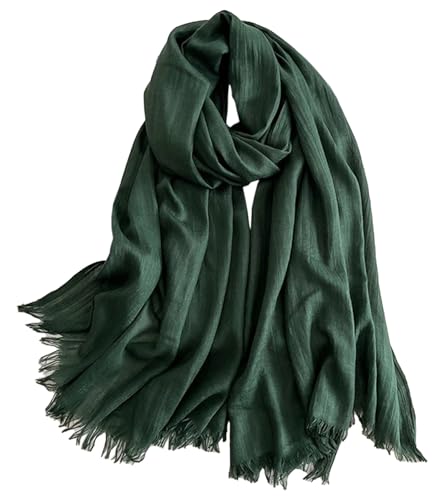 Solid color cotton and linen scarf, wrinkled all season versatile long sunscreen fashionable shawl - color: Deep Green