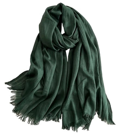 Solid color cotton and linen scarf, wrinkled all season versatile long sunscreen fashionable shawl - color: Deep Green