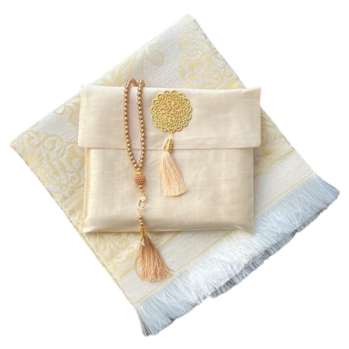 Muslim Prayer Rug and Beads with Elegant Slub Fabric Bag | Janamaz | Sajadah | Soft Islamic Prayer Rug | Islamic & Mawlid Gifts | Prayer Carpet Mat, Taffeta Fabric (Gold, 8 Sets) - color: Gold, size: 8 Sets