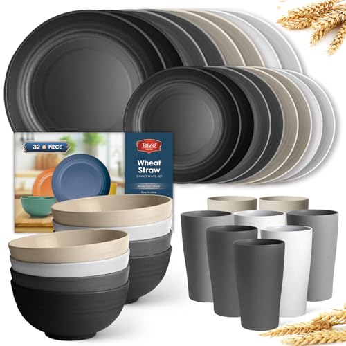 Teivio 32-Piece Plates and Bowls Sets for 8, Stone Kitchen Dinnerware Sets - color: Stone