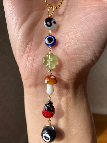Evil Eye Car Hanging Charm,Rear View Mirror Accessories,Boho Mushroom Decor | Good Lucky Days,Four-Leaf Clover Pendant for Women Men,Cute 8 Ball Ladybug Yin Yang Symbol Ornament