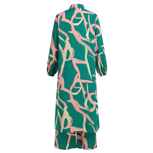 IDOPIP Abaya Dress for Women Muslim Set Long Sleeve Ramadan Islamic Dress Shirt with Pants 2PCS Dubai Prayer Casual Clothes - color: Green - Print, size: Medium