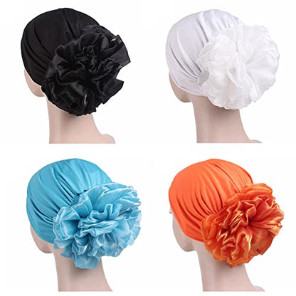 Women Flower Elastic Turban Beanie Head Scarf wrap Chemo Cap hat for Cancer Patient - color: Black White Lake Blue Orange