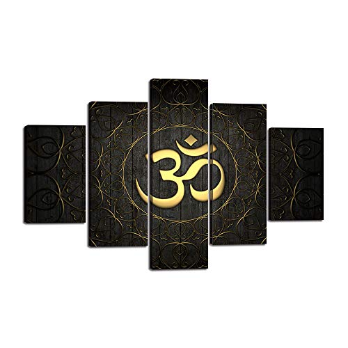 5 Pieces Buddha OM Yoga Symbol Canvas Painting Abstract Golden Pattern Wall Art Decor Black Ornate Indian Yoga Circle Prints Pictures for Living Room Bedroom Dorm Home Decoration (60"Wx40"H) - color: Artwork-14, size: 60''Wx40''H