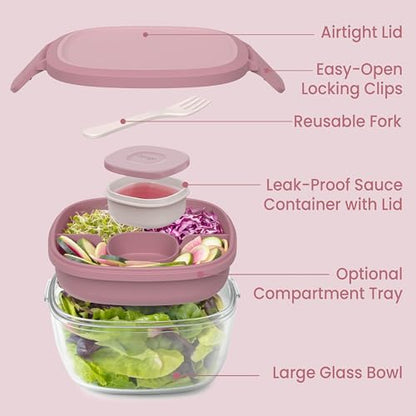 Bentgo Glass Salad Container - 7.6-Cup Salad Bowl with Airtight Lid, Leak-Proof Sauce Container, 4-Compartment Bento Tray & Reusable Fork - BPA-Free for Meal Prep, Office & More (Rose) - color: Rose