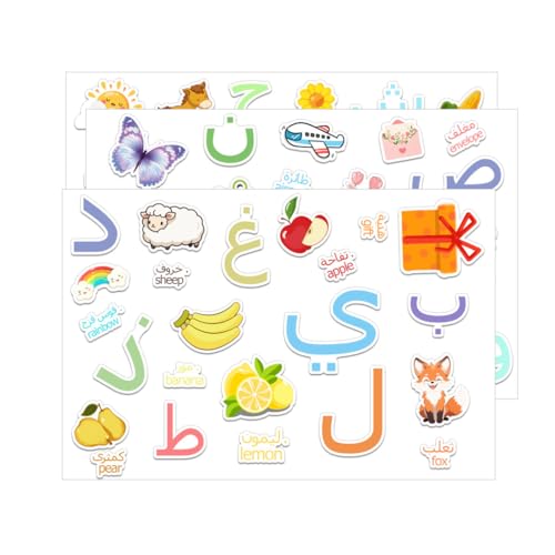 76 PCS Colorful Arabic Alphabet Stickers, Animal & Fruit Bilingual Design - Unique Easy Peel Decals for Classroom, Festival DIY Decor (7.87x11.8 Inch Sheets)