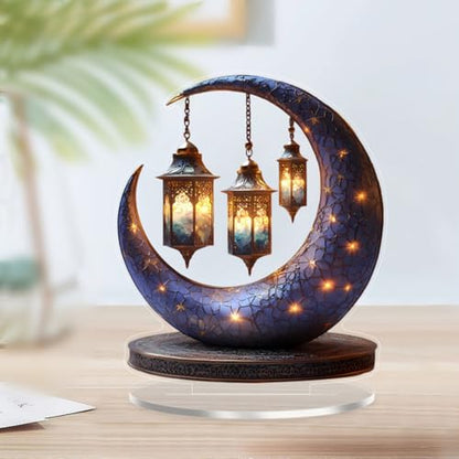 Eid Mubarak Crescent Moon Table Decoration with LED Lights and Hanging Lanterns, 7.87 Inch