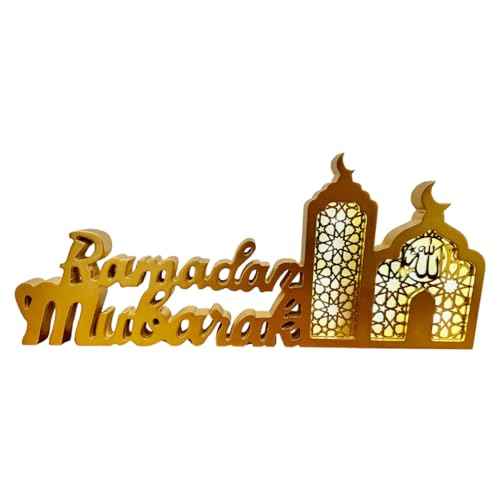 Ramadan Mubarak Sign Tabletop Wooden Letter Ramadan Kareem Sign with Hilal/Moon 14" Table Top Décor with LED Lights Ramadan Table Top Ornaments with LED Lights and White Moon Sign (Ramadan Mubarak Gold) - color: Ramadan Mubarak Gold