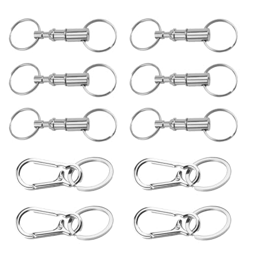 10 Pcs Quick Release Keychain and Key Rings, Stainless Steel Detachable Carabiner Clips Set with 360° Swivel Lock System, Men Women Car Keys Auto Enthusiasts Mechanics DIY Crafts Accessories (Silver)
