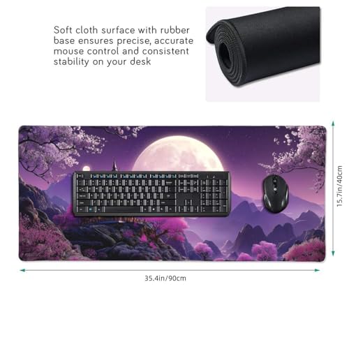 XXL Gaming Mouse Pad 35.4x15.7 Inch, Large Extended Desk Mat | Eastern Moonlit Night design, Non-Slip Rubber Base, Water-Resistant Surface and Stitched Edges for Gaming, Office & Home - color: Cherry Moon