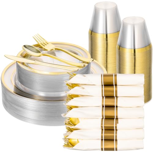 realluck 350PCS Clear Gold Plastic Dinnerware Set for 50 Guests, Disposable Party Plate for Wedding Party, Include: 100 Plastic Plates, 50 Pre Rolled Napkins with Silverware, 50 Cups - color: Clear Gold, size: 50 Guests