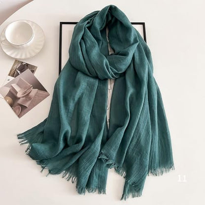 Solid color cotton and linen scarf, wrinkled all season versatile long sunscreen fashionable shawl - color: Blackish Green