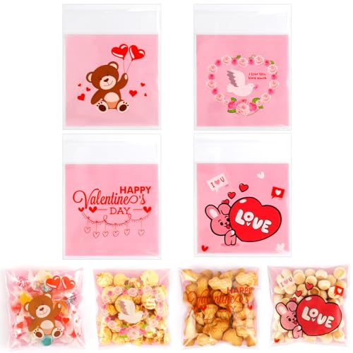Valentines Cellophane Gift Bags, Self Adhesive Valentiens Treat Bags Cookie Bags, 200 PCS Clear Plastic Valetines Goodie Bags Candy Bags Ziplock Bags for Valentine's Day Holiday Party Favor Supplies - color: pink, size: 1 Count (Pack of 200)