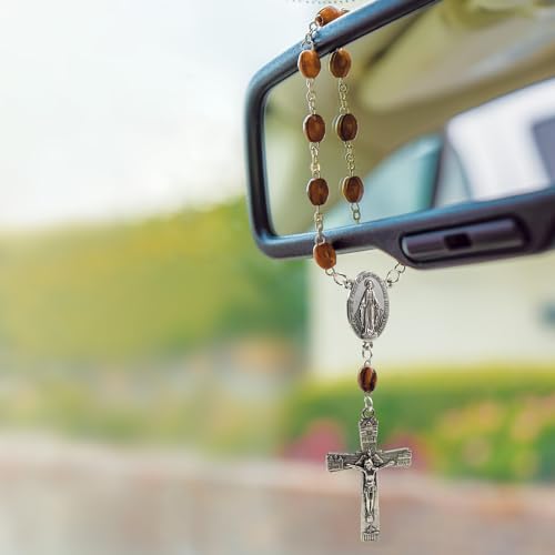 Car Rosary from The Holy Land of Bethlehem - 7” Miraculous Medal Rosary with Crucifix & Miraculous Medal, Olive Wood Catholic Pocket Rosary with Wooden Rosary Beads & Lobster Clasp - color: Miraculous Medal