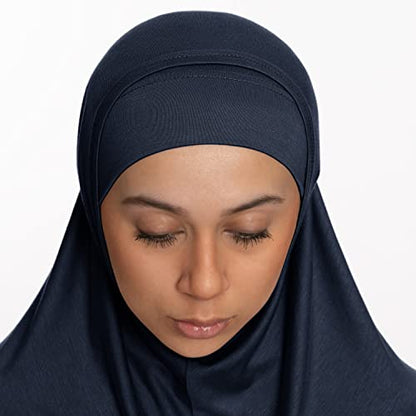 TheHijabStore.com Women's 2 Piece Amira Jersey Hijab - Soft Modal Stretch Head Scarf with Tube Under Scarf Cap - color: Navy Blue