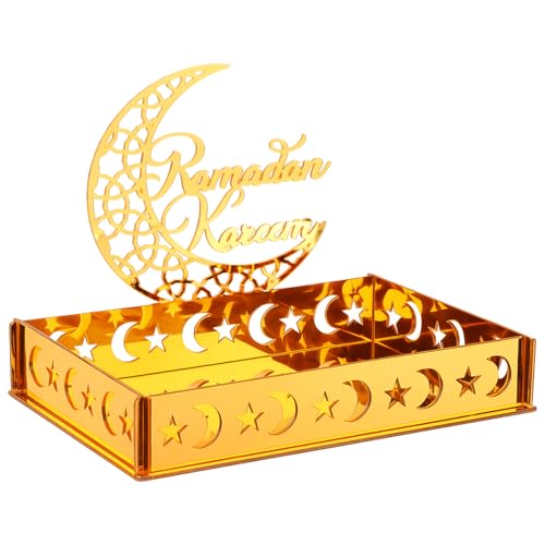 DoubleFill Ramadan Serving Tray Gold Eid Mubarak Holder Al-fitr Home Decoration for Moon Star Tray Gold Container for Home Islamic Muslim Party Tableware Kitchen Dessert Food Storage(Ramadan Kareem) - style: Ramadan Kareem