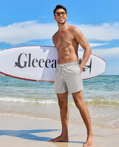 Gleeease 5 Inch Mens Swim Trunks with Compression Liner Men's Bathing Suit | Mens Swim Shorts 4 Pockets Quick Dry 2 in 1 Water Resistant Solid Stretch Breathable Surfing Beach Elastic Waistband Swimsuit - color: Light Grey, size: Small