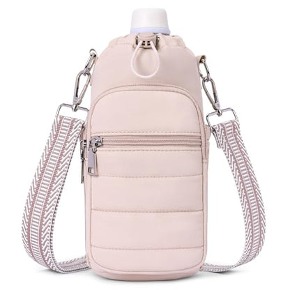 Water Bottle Bag 40 oz Crossbody Holder for Walking Hiking Insulated Carrier Purse with Adjustable Strap - color: Pink