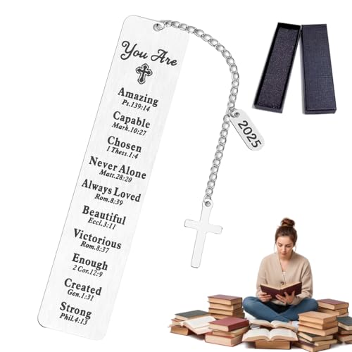 Bible Bookmark with Cross Charm, Christian Bible Bless Verse Engraved Stainless Steel Page Marker, 2025 Year Tag, Gift Box — Graduation, Confirmation, Baptism, Teacher, Women Men, Book Lover Gifts