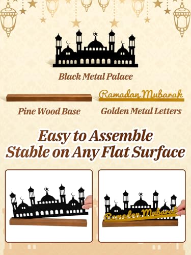 Enlarged 15.7in Metal Ramadan Mubarak Table Sign - Eid Decorations for Home, Black Palace with Gold Letters, Muslim Dinner Centerpieces for Islamic Gifts Parties Kitchen - style: Golden Letters