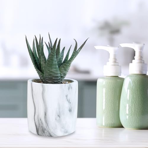 Winlyn Set of 3 Small Artificial Succulent Potted Plants Fake Aloe Hops String of Pearls in Modern Marble Ceramic Planter for Home Garden Bathroom Shelf Office Desk Tabletop Indoor Outdoor Décor