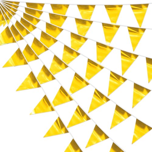 4P Gold Party Decorations - Metallic Fabric Triangle Pennant Banner Flags - Indoor/Outdoor Bunting Garland for Birthday, Wedding, Graduation & Theme Parties - color: Gold