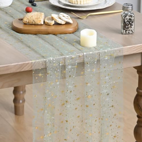 Artoid Mode Gold Stars Sage Green Gauze Table Runner 120 Inch 10FT, Reversible Glitter Sheer Dining Wedding Holiday Birthday Table Decor for Home Party - color: Sage Green, size: 28" x 120"