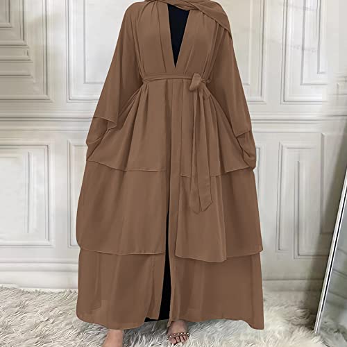 Abayas 여성용 무슬림 아바야 긴소매 맥시 드레스 루즈 풀 커버 이슬람 두바이 가디건 히잡 옷 S-XXL - color: 브라운+히잡, size: S