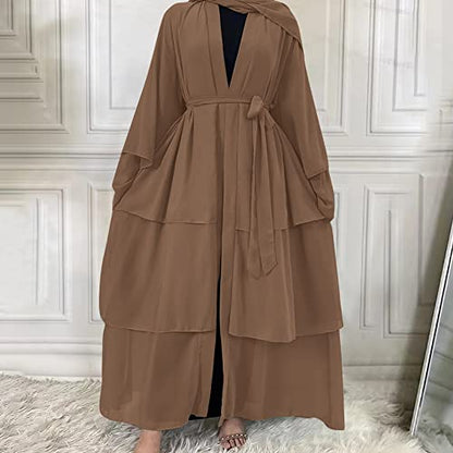 Abayas 여성용 무슬림 아바야 긴소매 맥시 드레스 루즈 풀 커버 이슬람 두바이 가디건 히잡 옷 S-XXL - color: 브라운+히잡, size: S