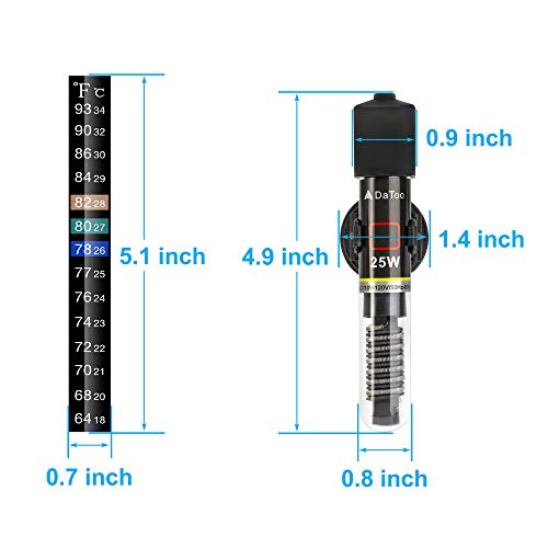 DaToo Mini Aquarium Heater 25W Small Fish Tank Heater 25 Watt with Free Thermometer Sticker - size: 25W