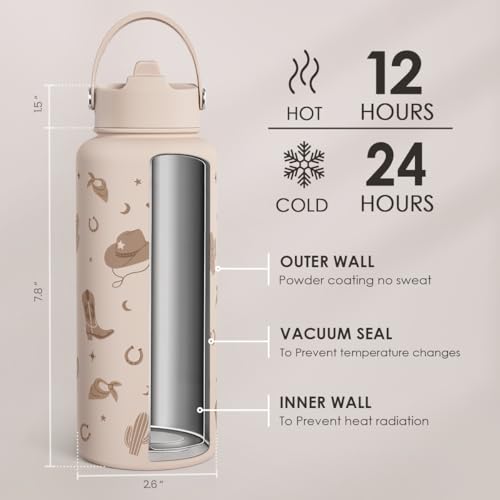 Western Cowgirl Water Bottle 32oz Stainless Steel with Lid, Insulated Bottles for Women Girls, Gift Idea for Birthday Christmas - color: Cowgirl
