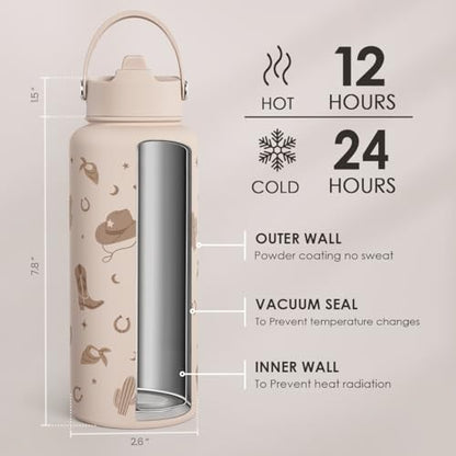 Western Cowgirl Water Bottle 32oz Stainless Steel with Lid, Insulated Bottles for Women Girls, Gift Idea for Birthday Christmas - color: Cowgirl