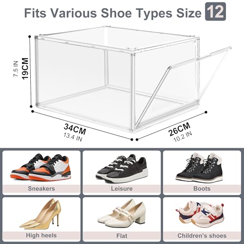 Clear Acrylic Shoe Boxes Organizer, Fits Men’s 12, Crystal Clear 1 Pack | Extra-Thick Reinforced Stackable Shoe Storage with Magnetic Door, Foldable Dust-Proof Display Cases for Closet & Entryway - size: Medium