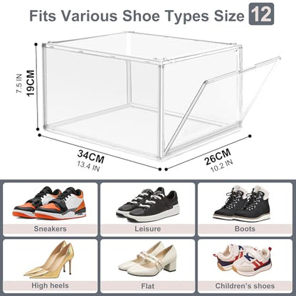 Clear Acrylic Shoe Boxes Organizer, Fits Men’s 12, Crystal Clear 1 Pack | Extra-Thick Reinforced Stackable Shoe Storage with Magnetic Door, Foldable Dust-Proof Display Cases for Closet & Entryway - size: Medium
