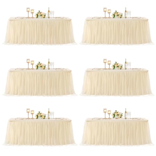 6 Pack 6ft Champagne Tulle Tablecloths for Rectangle Tables, 72 x 30 Inch Rectangular Table Cloth, Wrinkle Free Table Cover with Tutu Skirt for Wedding Birthday Party Banquet Buffet Decorations - color: Champagne, size: 72" x 30" (6FT - 6 Pack)