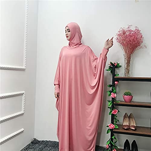 FPOVFPO Womens Solid One-Piece Prayer Dress Muslim Abaya Islamic Maxi Breathable Ramadan Dress Kaftan Hijab - color: Pink
