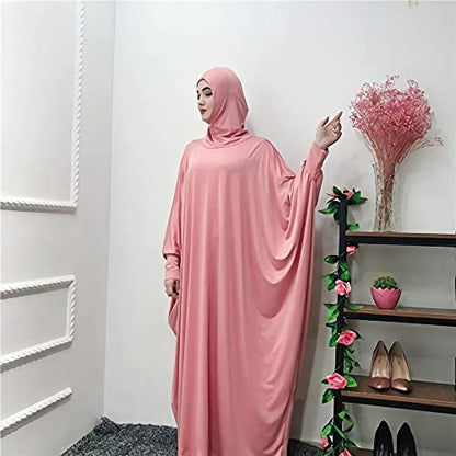 FPOVFPO Womens Solid One-Piece Prayer Dress Muslim Abaya Islamic Maxi Breathable Ramadan Dress Kaftan Hijab - color: Pink